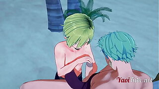 One Piece Yaoi - Zoro x Sanji Handjob and Blowjob in a lido - anime Manga Gay
